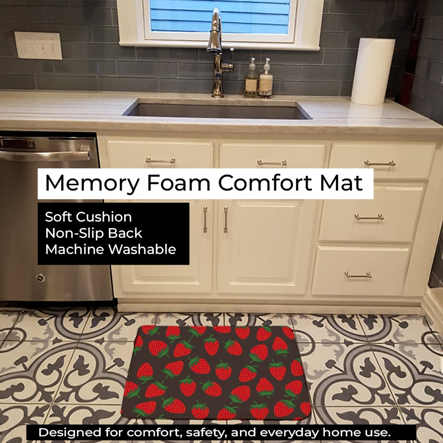 Strawberries on Gray Memory Foam Kitchen Mat Machine Washable Anti-Fatigue Cushion Comfort Bath or Kitchen Rug
