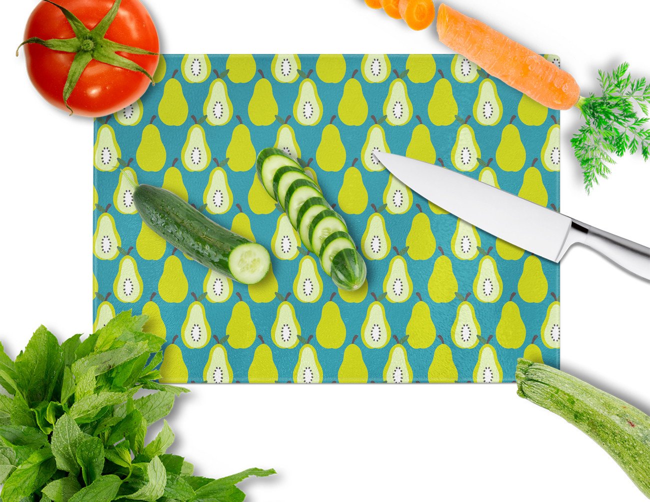 Pears on Green Cutting Board Tempered Glass Kitchen Cutting Surface, Heat Resistant Chopping, Non-Slip Feet, Food Prep & Serving