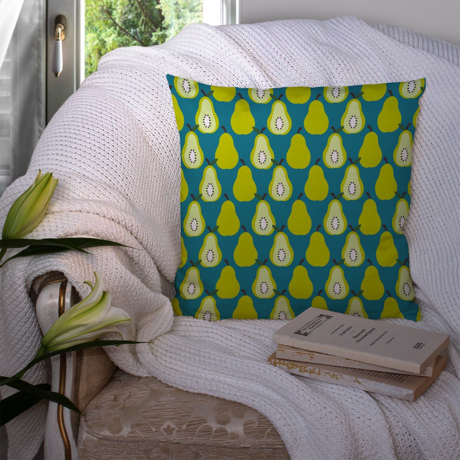 Pears on Green Decorative Throw Pillow 14x14 Indoor Outdoor Accent Cushion, Fabric Cover with Insert for Sofa, Bed, Porch & Living Room