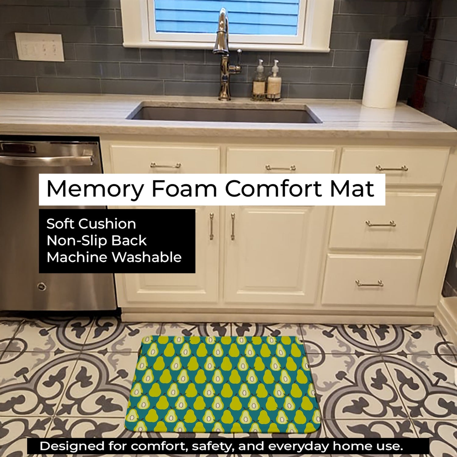 Pears on Green Memory Foam Kitchen Mat Machine Washable Anti-Fatigue Cushion Comfort Bath or Kitchen Rug