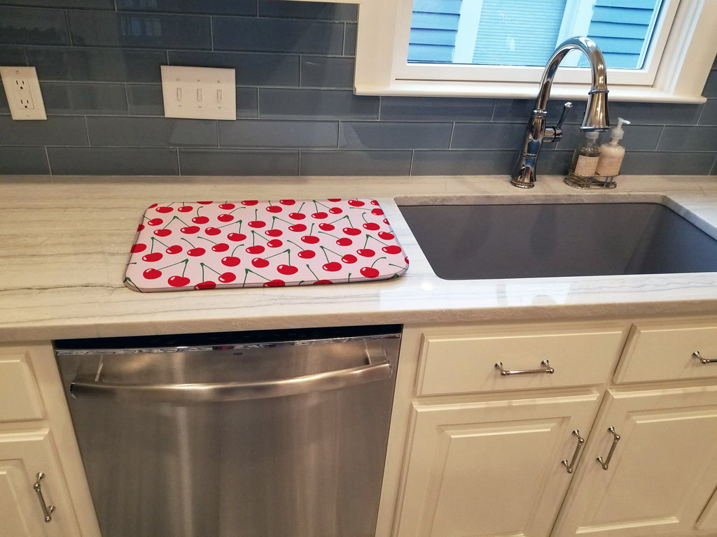 Cherries on Pink Dish Drying Mat Absorbent Dish Drying Mat Pad for Kitchen Counter Dish Drainer Mat for Countertop, 14 x 21", Multicolor