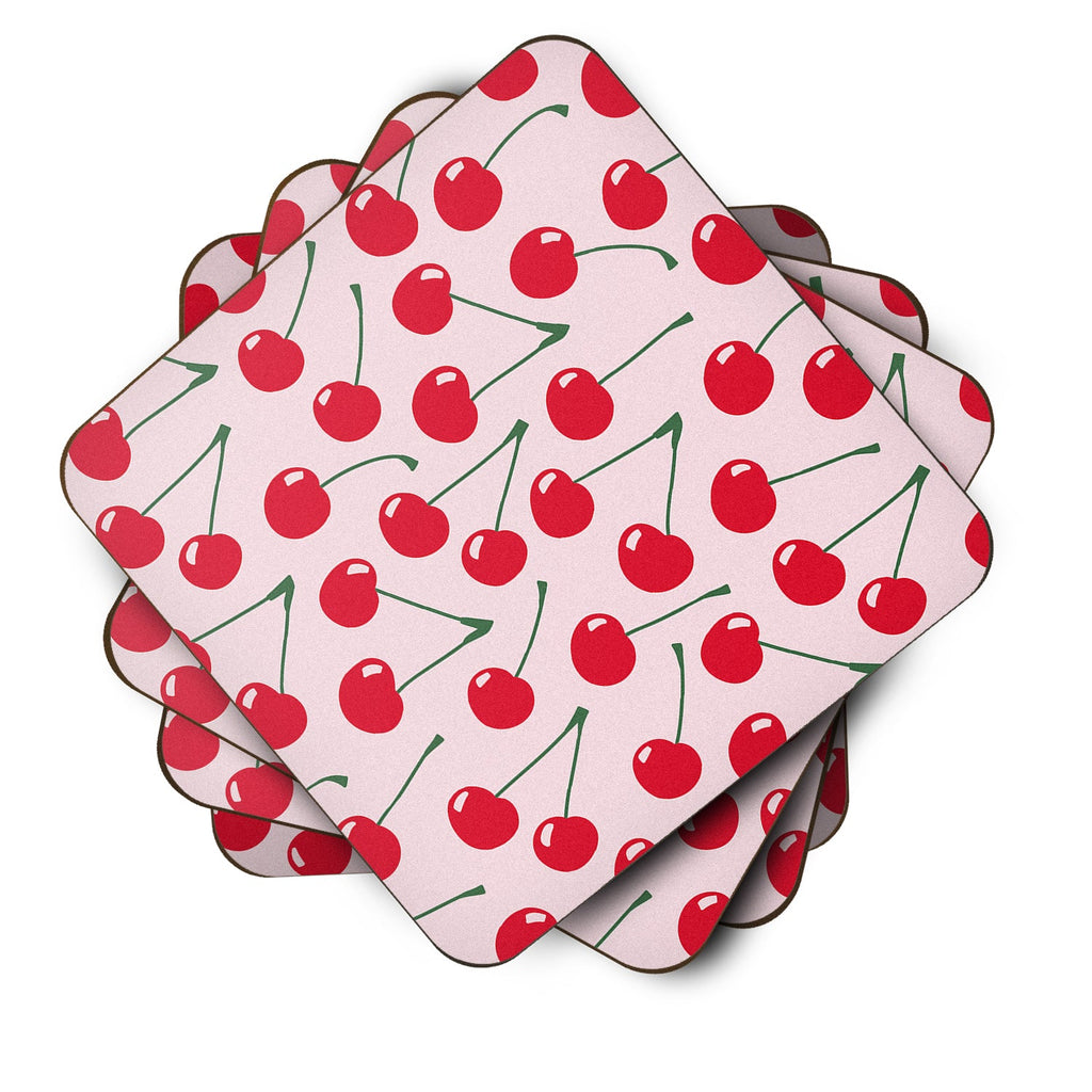 Cherries on Pink Foam Coasters Set of 4 Cup Coasters for Indoor Outdoor, Tabletop Protection, Anti Slip, Mouse pad Material