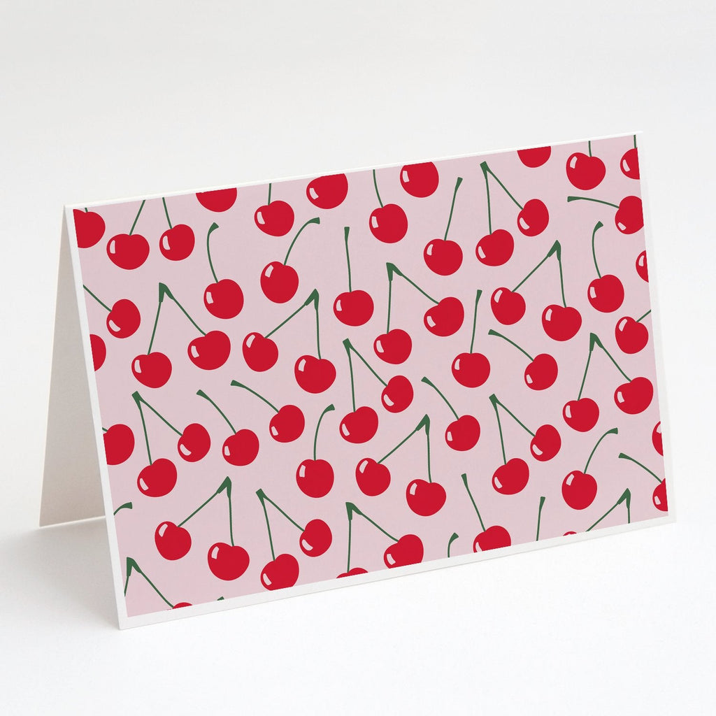 Cherries on Pink Greeting Cards Pack of 8 Blank Cards with Envelopes Whimsical A7 Size 5x7