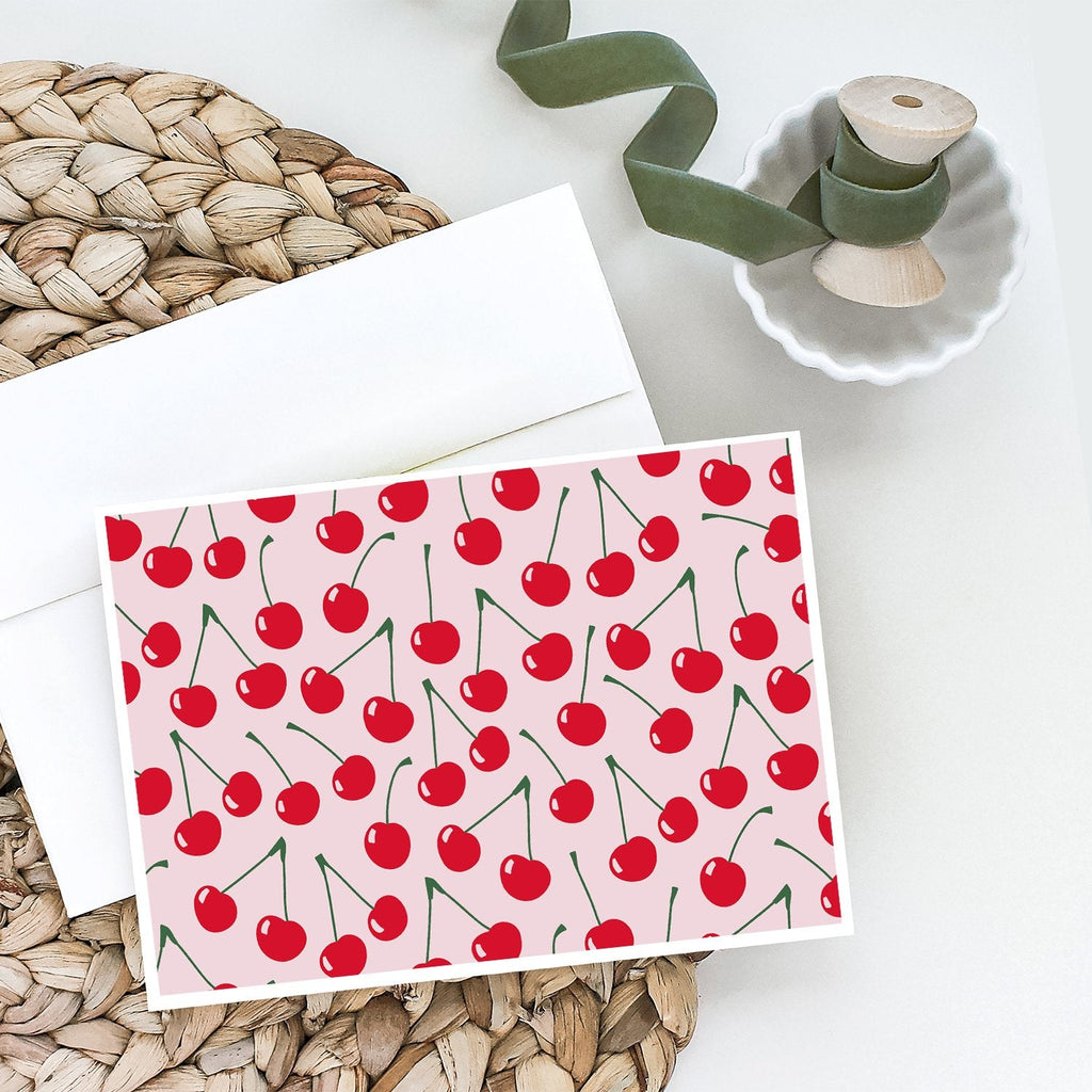 Cherries on Pink Greeting Cards Pack of 8 Blank Cards with Envelopes Whimsical A7 Size 5x7