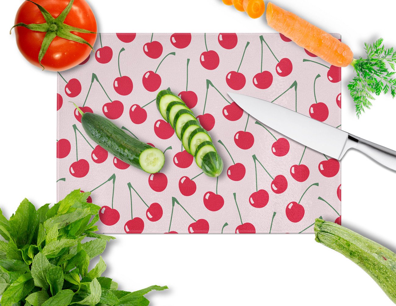 Cherries on Pink Cutting Board Tempered Glass Kitchen Cutting Surface, Heat Resistant Chopping, Non-Slip Feet, Food Prep & Serving