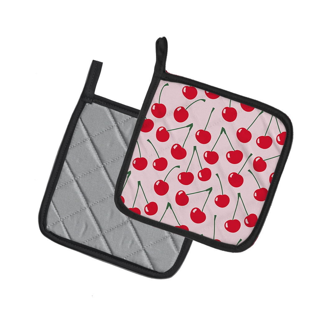 Cherries on Pink Pot Holder Set of 2 Heat Resistant Quilted Hot Pads 7.5 x 7.5 Inch, Insulated Kitchen Trivets for Cooking & Baking