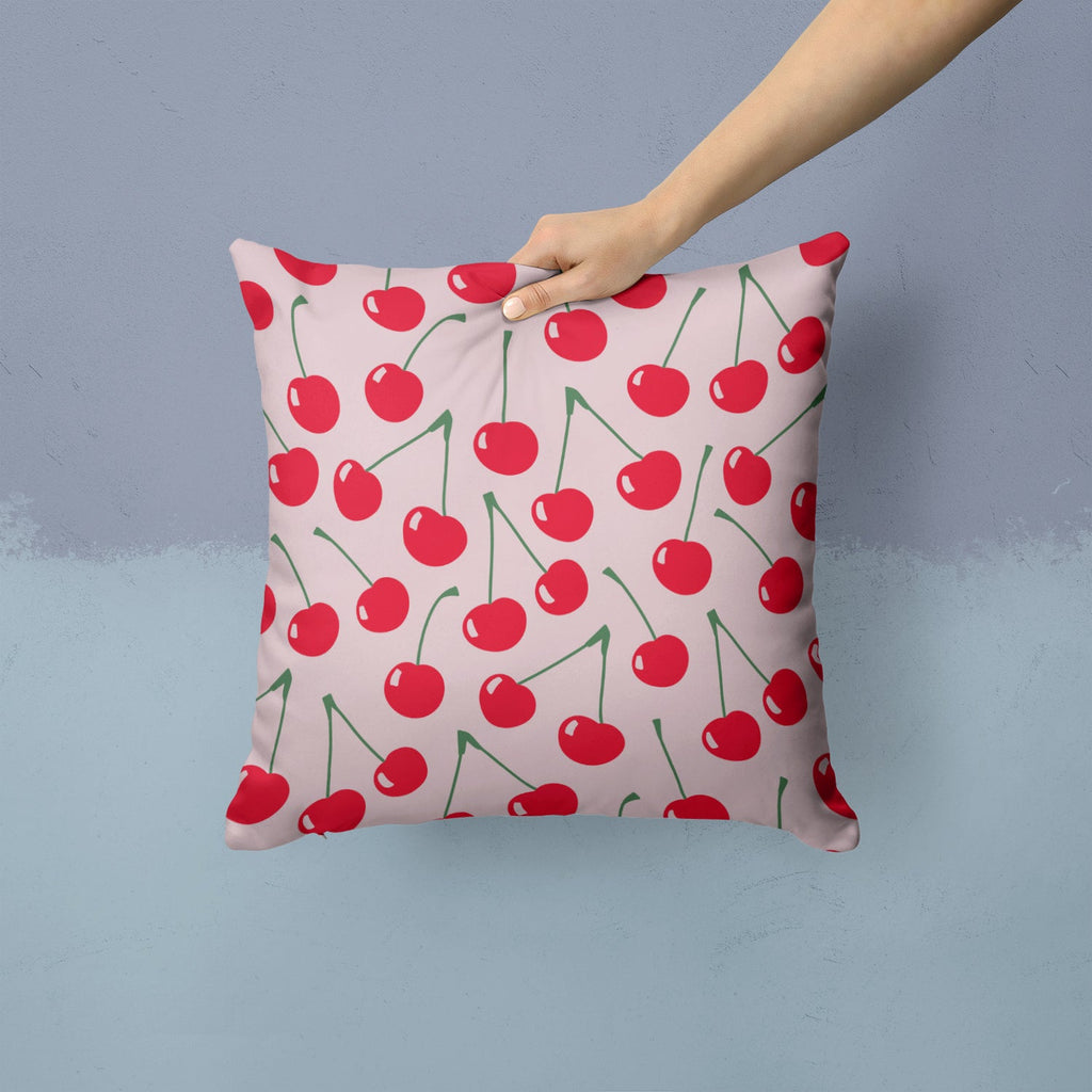 Cherries on Pink Decorative Throw Pillow 14x14 Indoor Outdoor Accent Cushion, Fabric Cover with Insert for Sofa, Bed, Porch & Living Room