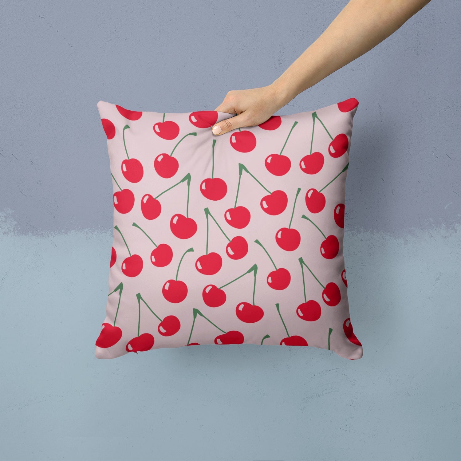 Cherries on Pink Decorative Throw Pillow 14x14 Indoor Outdoor Accent Cushion, Fabric Cover with Insert for Sofa, Bed, Porch & Living Room