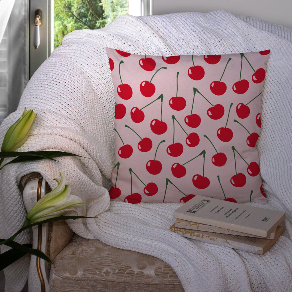 Cherries on Pink Decorative Throw Pillow 14x14 Indoor Outdoor Accent Cushion, Fabric Cover with Insert for Sofa, Bed, Porch & Living Room