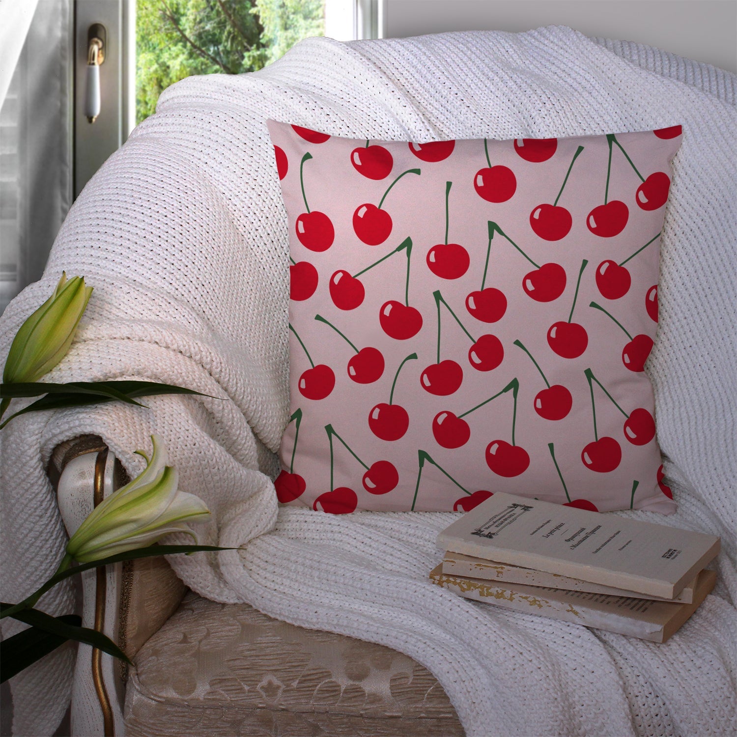 Cherries on Pink Decorative Throw Pillow 14x14 Indoor Outdoor Accent Cushion, Fabric Cover with Insert for Sofa, Bed, Porch & Living Room