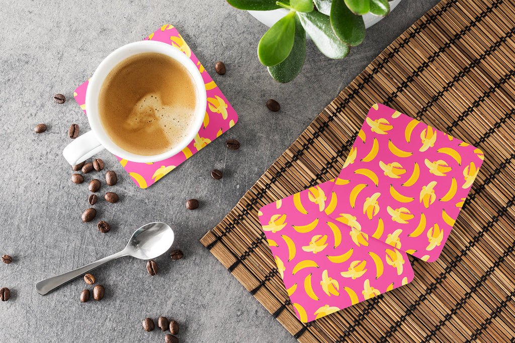 Bananas on Pink Foam Coasters Set of 4 Cup Coasters for Indoor Outdoor, Tabletop Protection, Anti Slip, Mouse pad Material