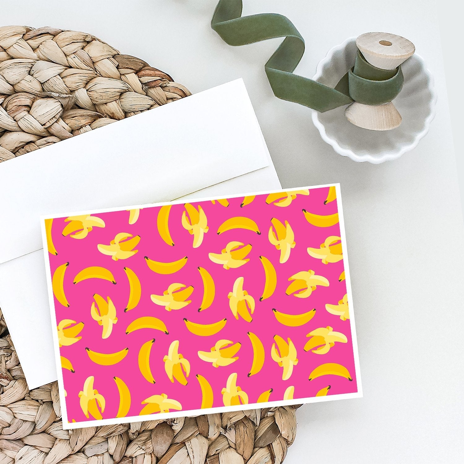 Bananas on Pink Greeting Cards Pack of 8 Blank Cards with Envelopes Whimsical A7 Size 5x7