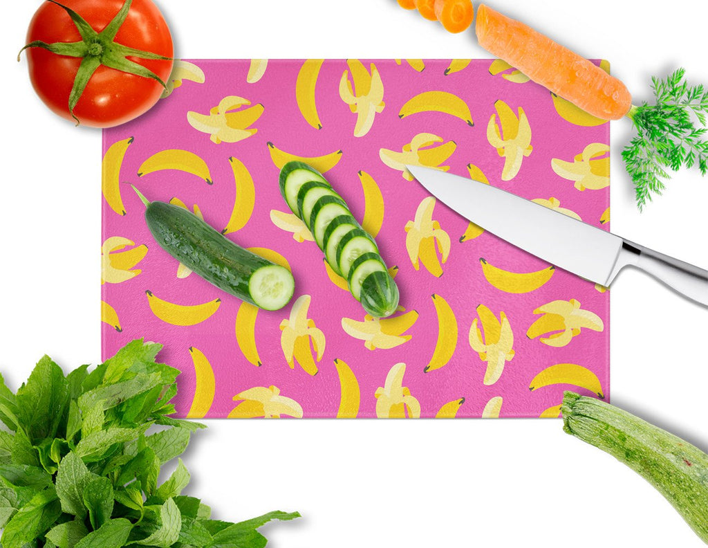 Bananas on Pink Cutting Board Tempered Glass Kitchen Cutting Surface, Heat Resistant Chopping, Non-Slip Feet, Food Prep & Serving