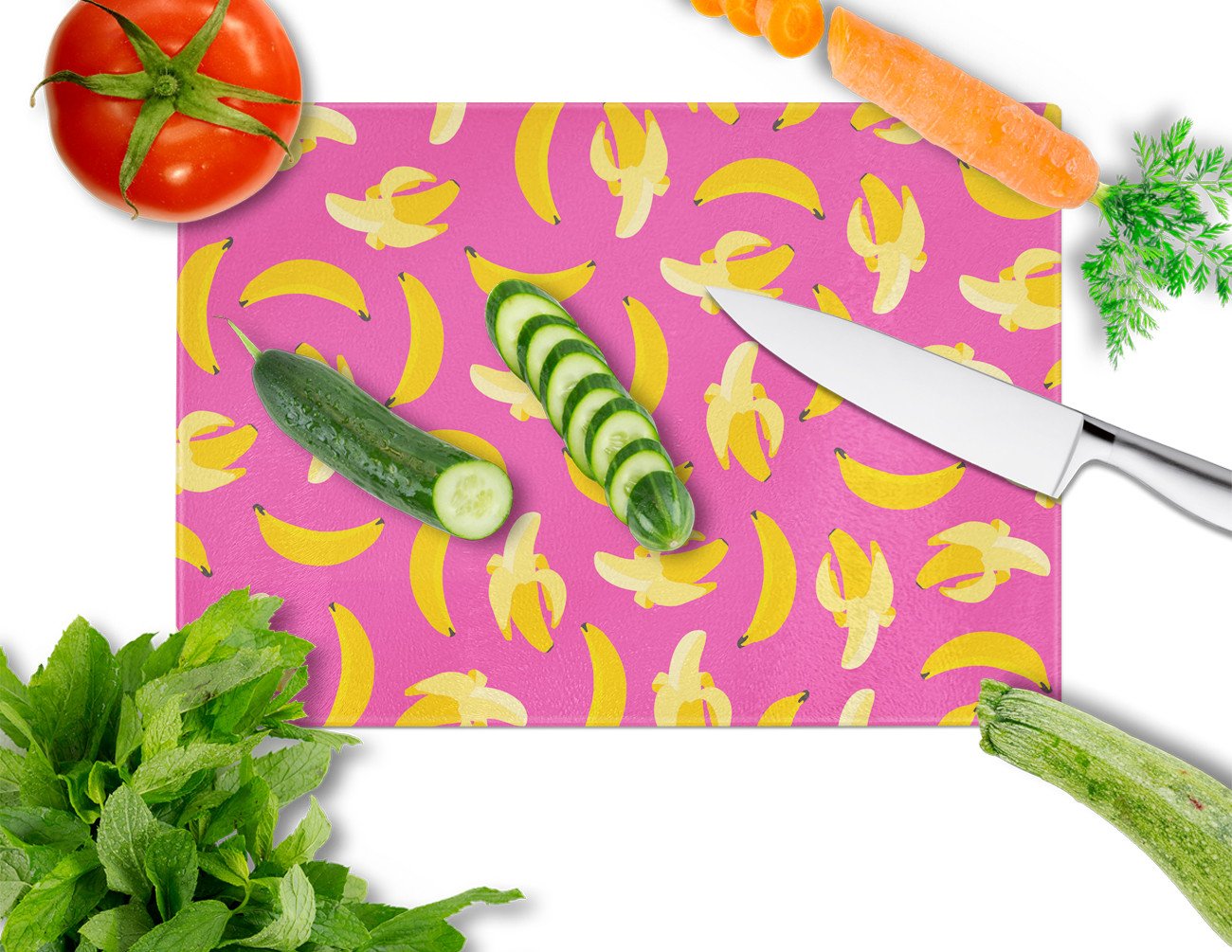 Bananas on Pink Cutting Board Tempered Glass Kitchen Cutting Surface, Heat Resistant Chopping, Non-Slip Feet, Food Prep & Serving