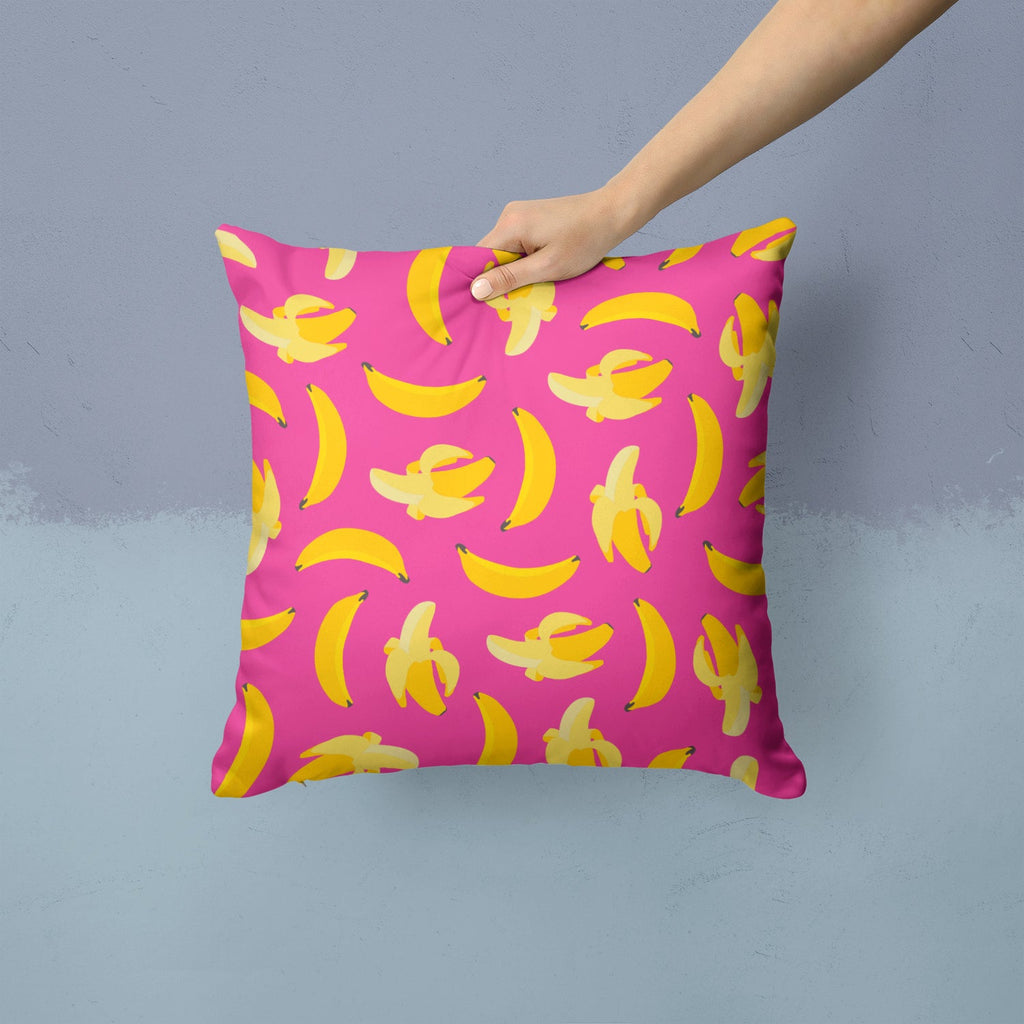 Bananas on Pink Decorative Throw Pillow 14x14 Indoor Outdoor Accent Cushion, Fabric Cover with Insert for Sofa, Bed, Porch & Living Room