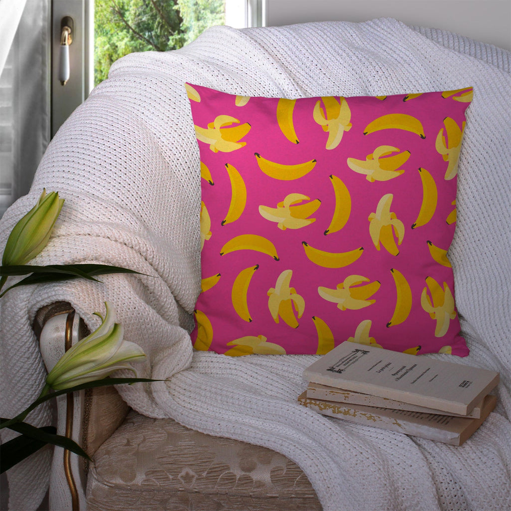 Bananas on Pink Decorative Throw Pillow 14x14 Indoor Outdoor Accent Cushion, Fabric Cover with Insert for Sofa, Bed, Porch & Living Room