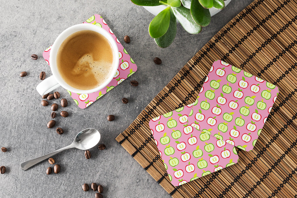 Apples on Pink Foam Coasters Set of 4 Cup Coasters for Indoor Outdoor, Tabletop Protection, Anti Slip, Mouse pad Material