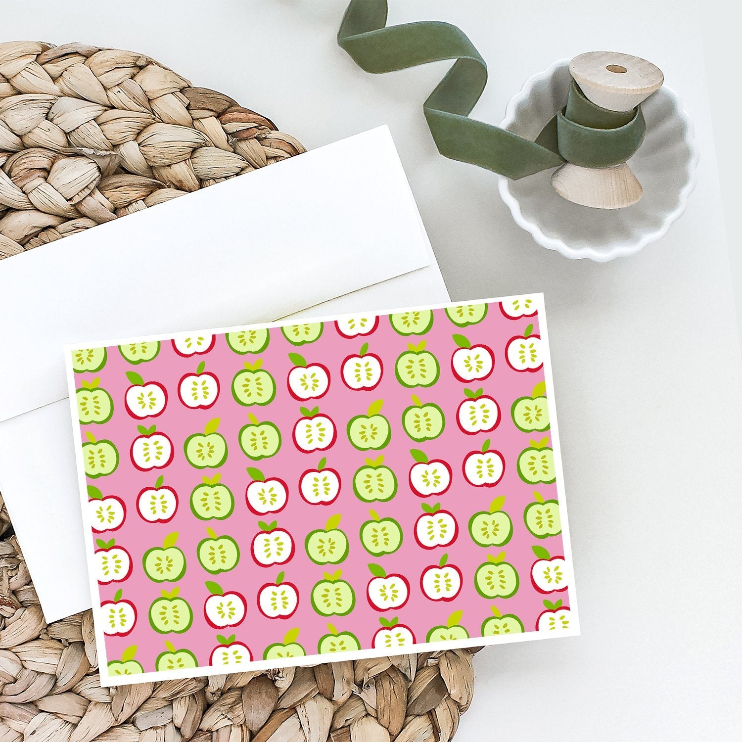 Apples on Pink Greeting Cards Pack of 8 Blank Cards with Envelopes Whimsical A7 Size 5x7