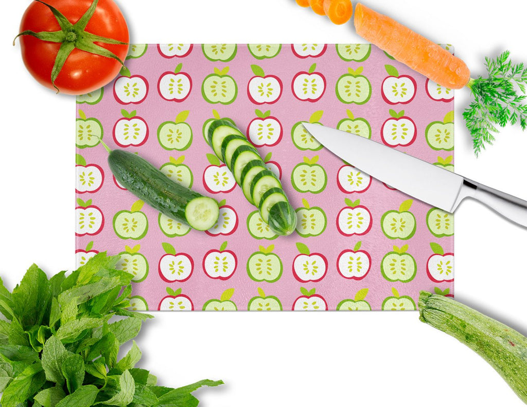 Apples on Pink Cutting Board Tempered Glass Kitchen Cutting Surface, Heat Resistant Chopping, Non-Slip Feet, Food Prep & Serving