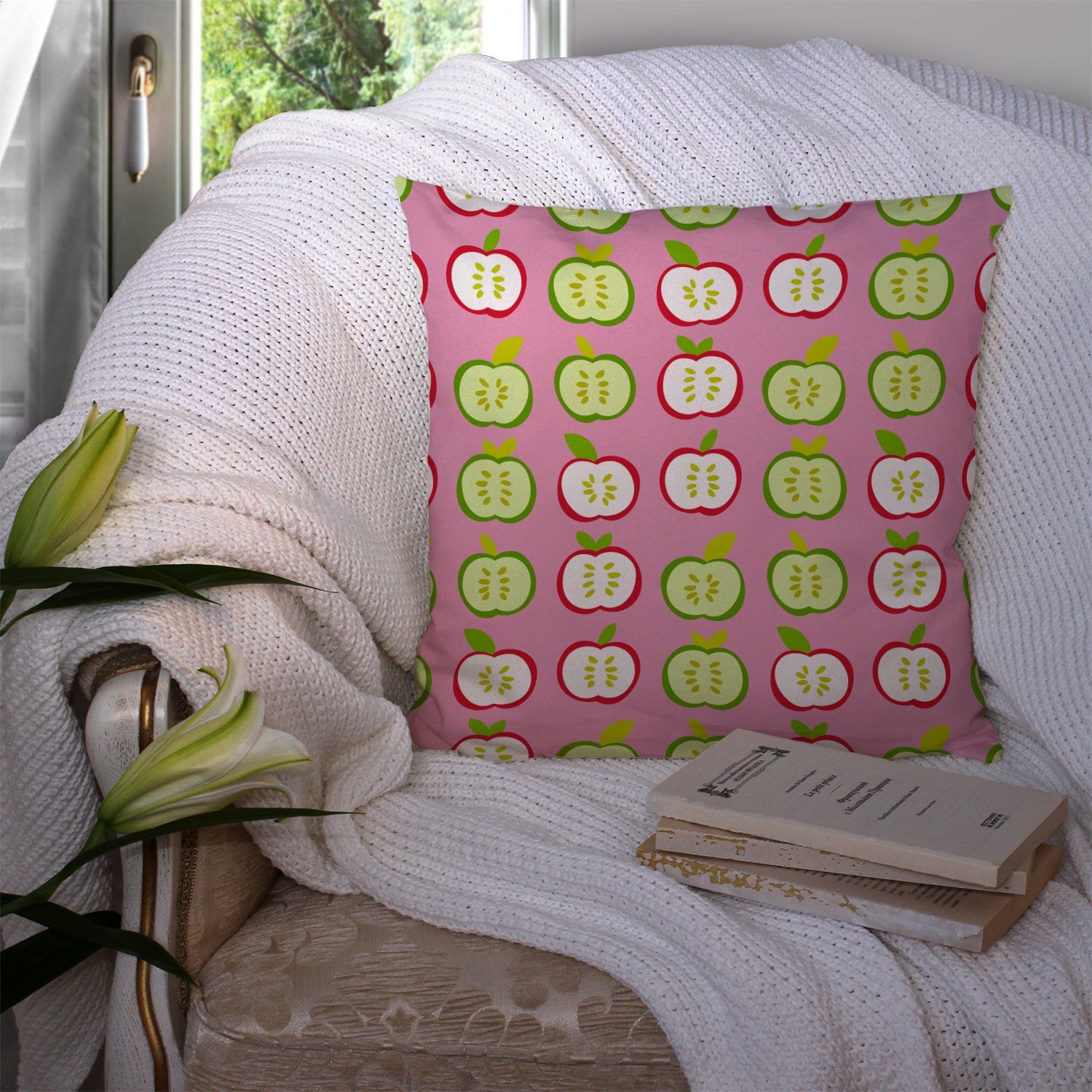 Apples on Pink Decorative Throw Pillow 14x14 Indoor Outdoor Accent Cushion, Fabric Cover with Insert for Sofa, Bed, Porch & Living Room