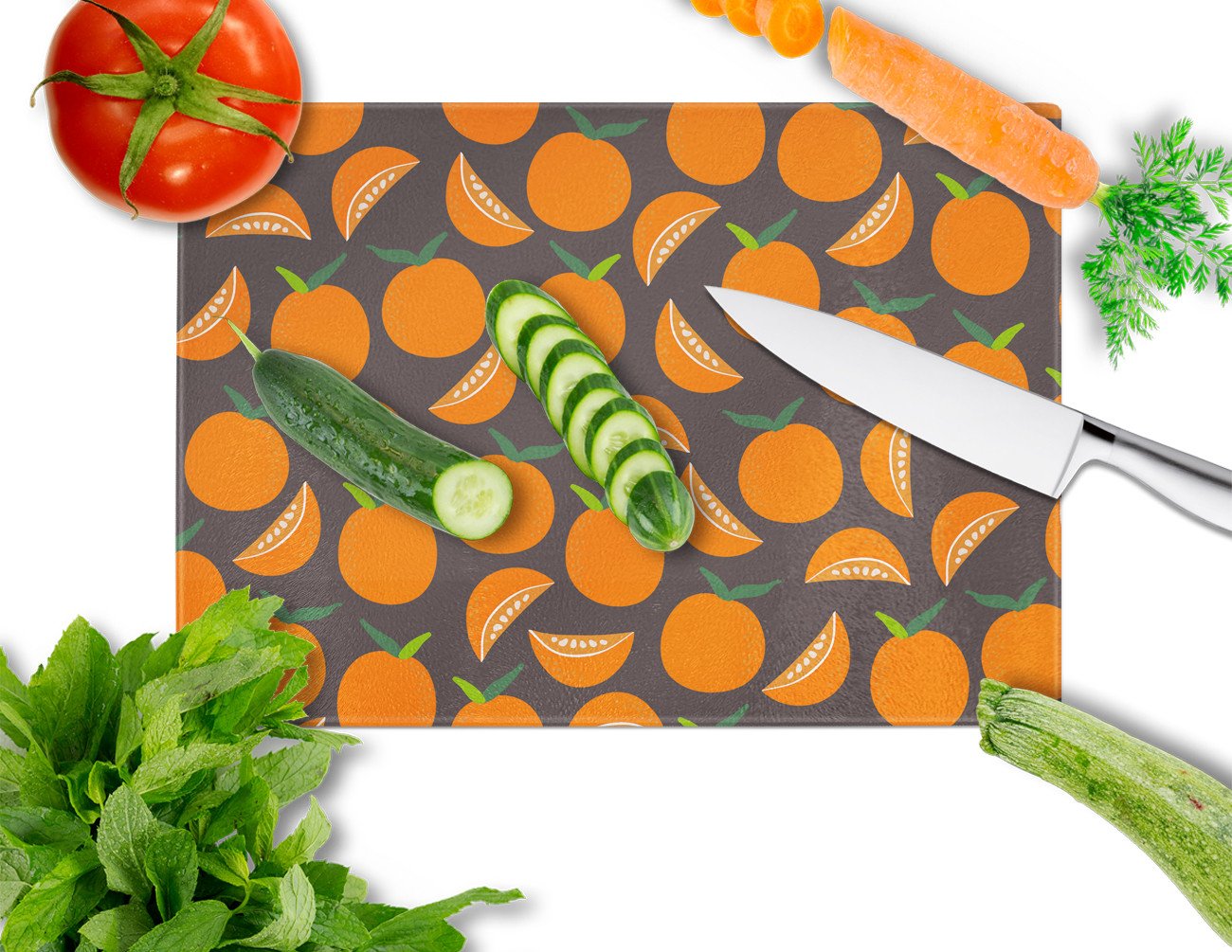 Oranges on Gray Cutting Board Tempered Glass Kitchen Cutting Surface, Heat Resistant Chopping, Non-Slip Feet, Food Prep & Serving