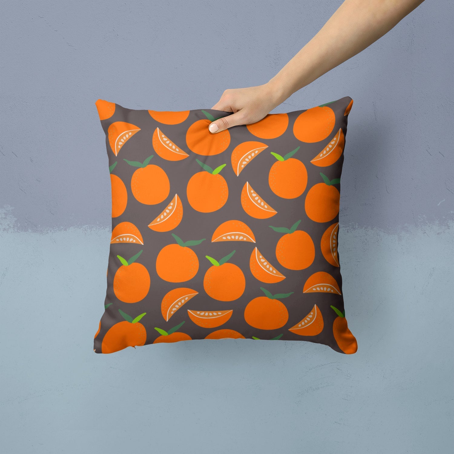 Oranges on Gray Decorative Throw Pillow 14x14 Indoor Outdoor Accent Cushion, Fabric Cover with Insert for Sofa, Bed, Porch & Living Room