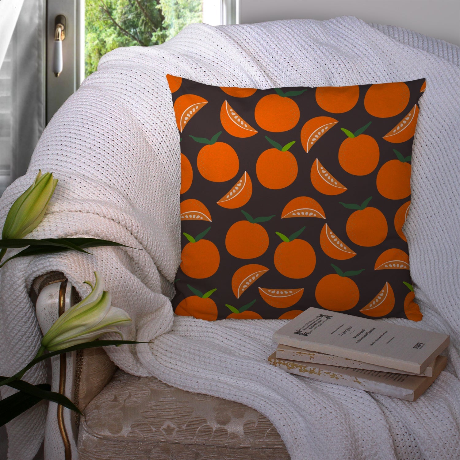 Oranges on Gray Decorative Throw Pillow 14x14 Indoor Outdoor Accent Cushion, Fabric Cover with Insert for Sofa, Bed, Porch & Living Room