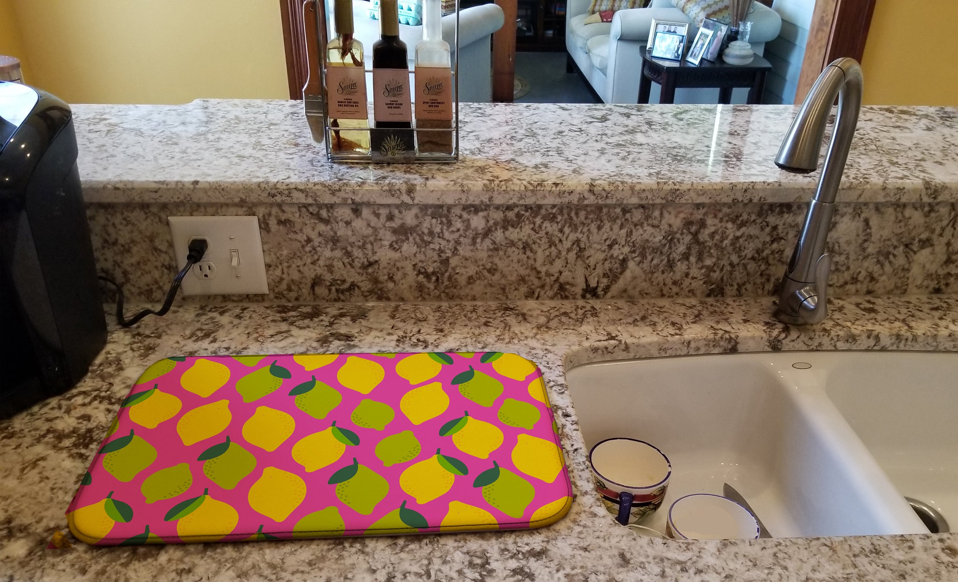 Lemons and Limes on Pink Dish Drying Mat Absorbent Dish Drying Mat Pad for Kitchen Counter Dish Drainer Mat for Countertop, 14 x 21", Multicolor