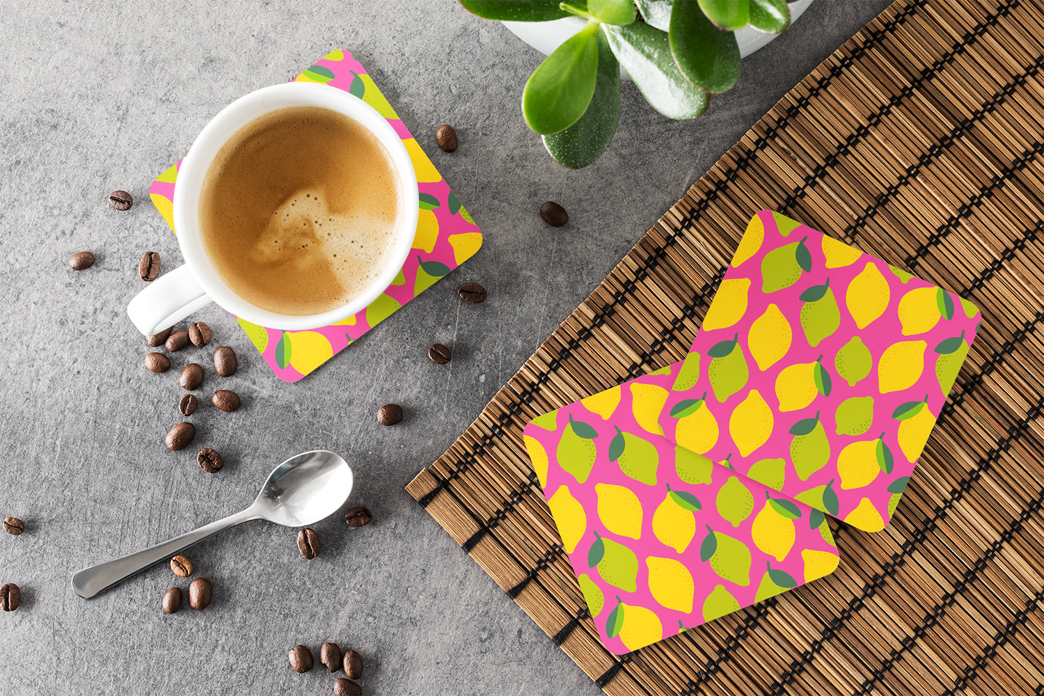 Lemons and Limes on Pink Foam Coasters Set of 4 Cup Coasters for Indoor Outdoor, Tabletop Protection, Anti Slip, Mouse pad Material