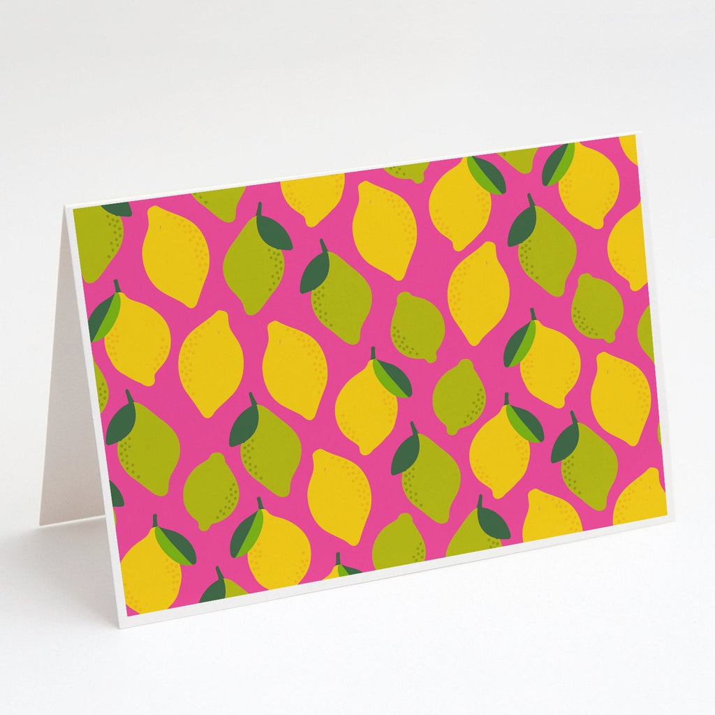 Lemons and Limes on Pink Greeting Cards Pack of 8 Blank Cards with Envelopes Whimsical A7 Size 5x7