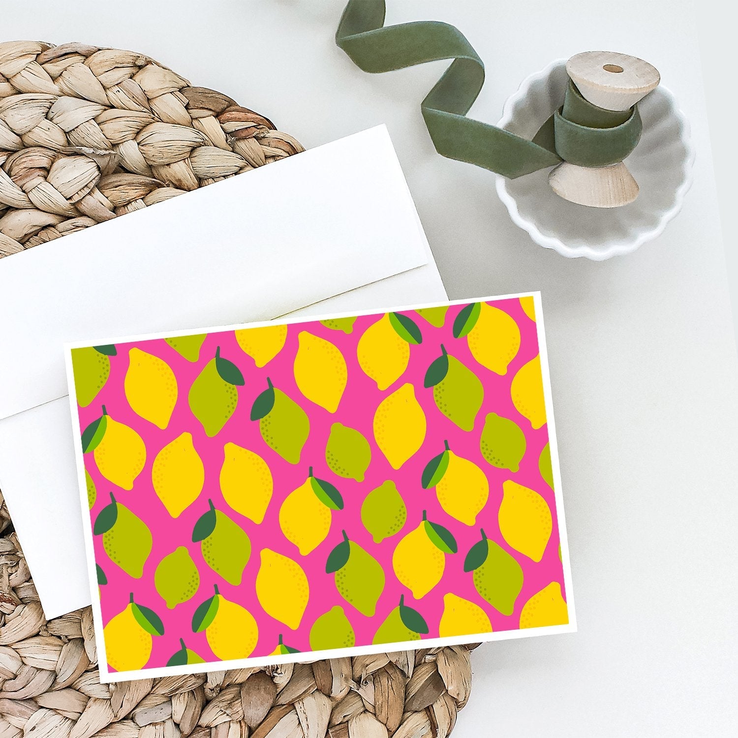 Lemons and Limes on Pink Greeting Cards Pack of 8 Blank Cards with Envelopes Whimsical A7 Size 5x7