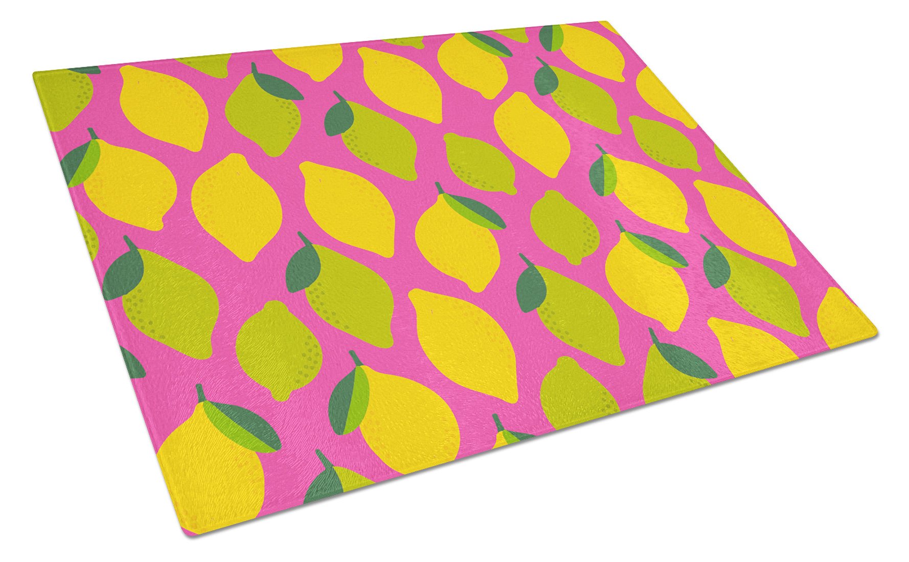 Lemons and Limes on Pink Cutting Board Tempered Glass Kitchen Cutting Surface, Heat Resistant Chopping, Non-Slip Feet, Food Prep & Serving