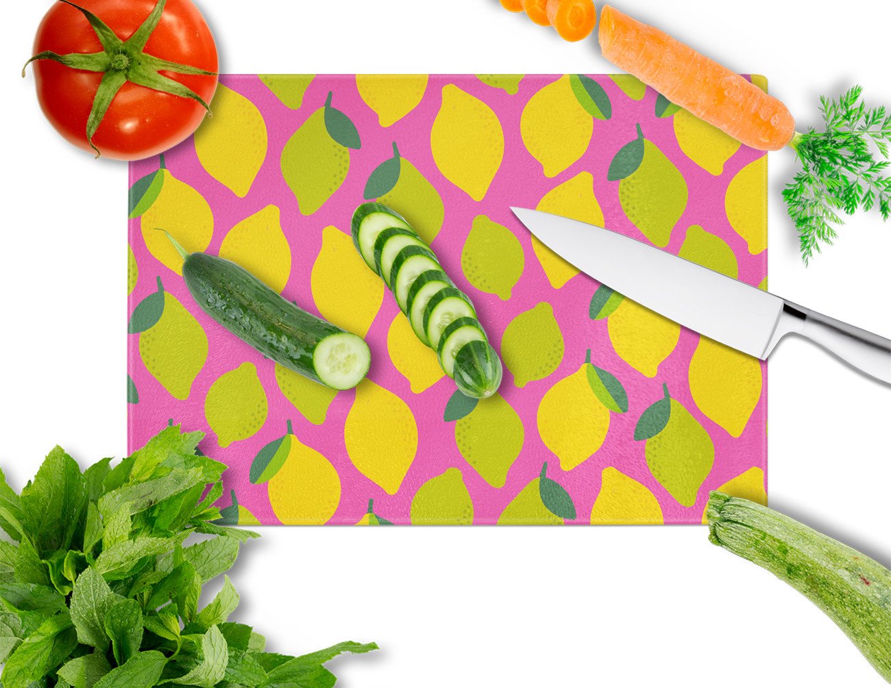 Lemons and Limes on Pink Cutting Board Tempered Glass Kitchen Cutting Surface, Heat Resistant Chopping, Non-Slip Feet, Food Prep & Serving
