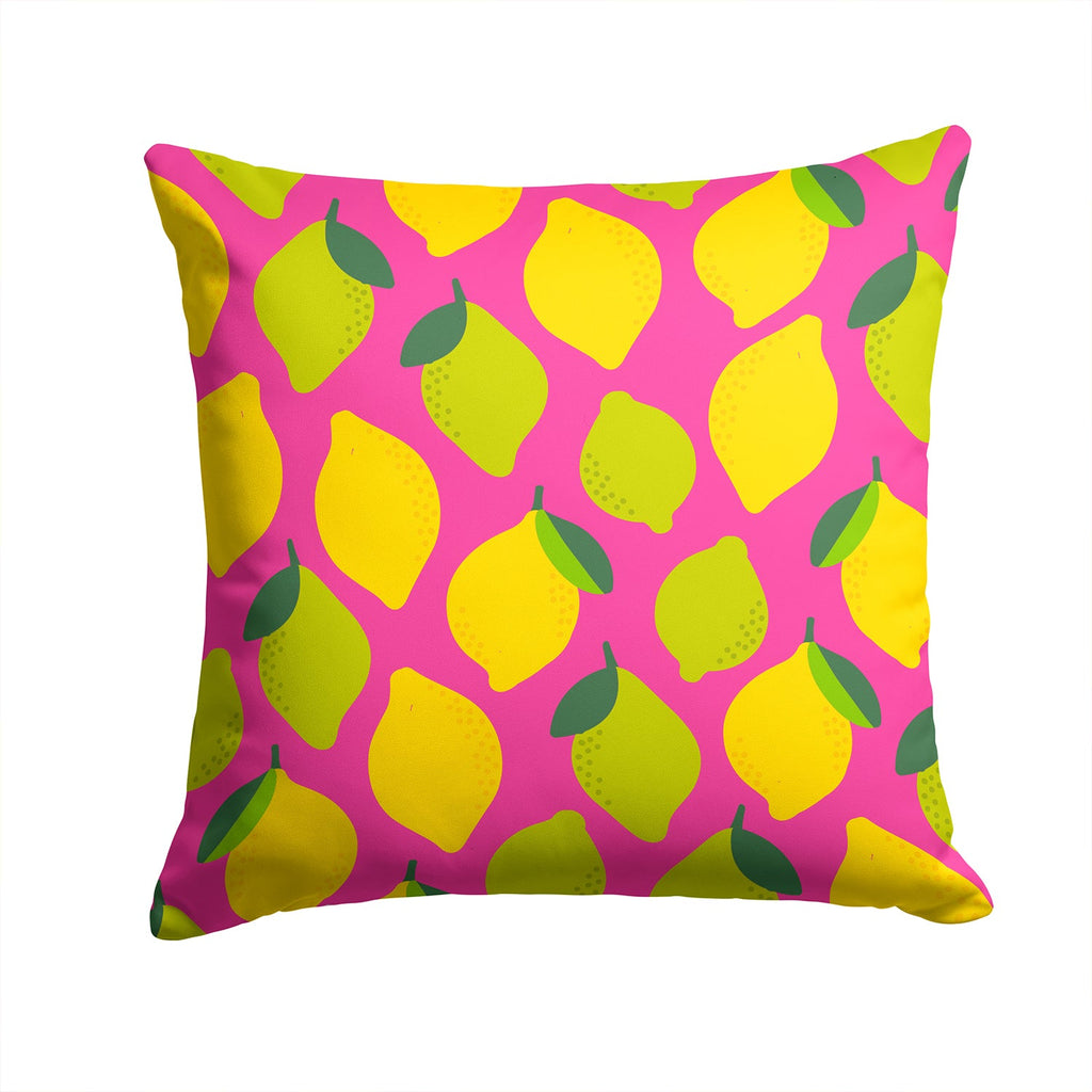 Lemons and Limes on Pink Decorative Throw Pillow 14x14 Indoor Outdoor Accent Cushion, Fabric Cover with Insert for Sofa, Bed, Porch & Living Room