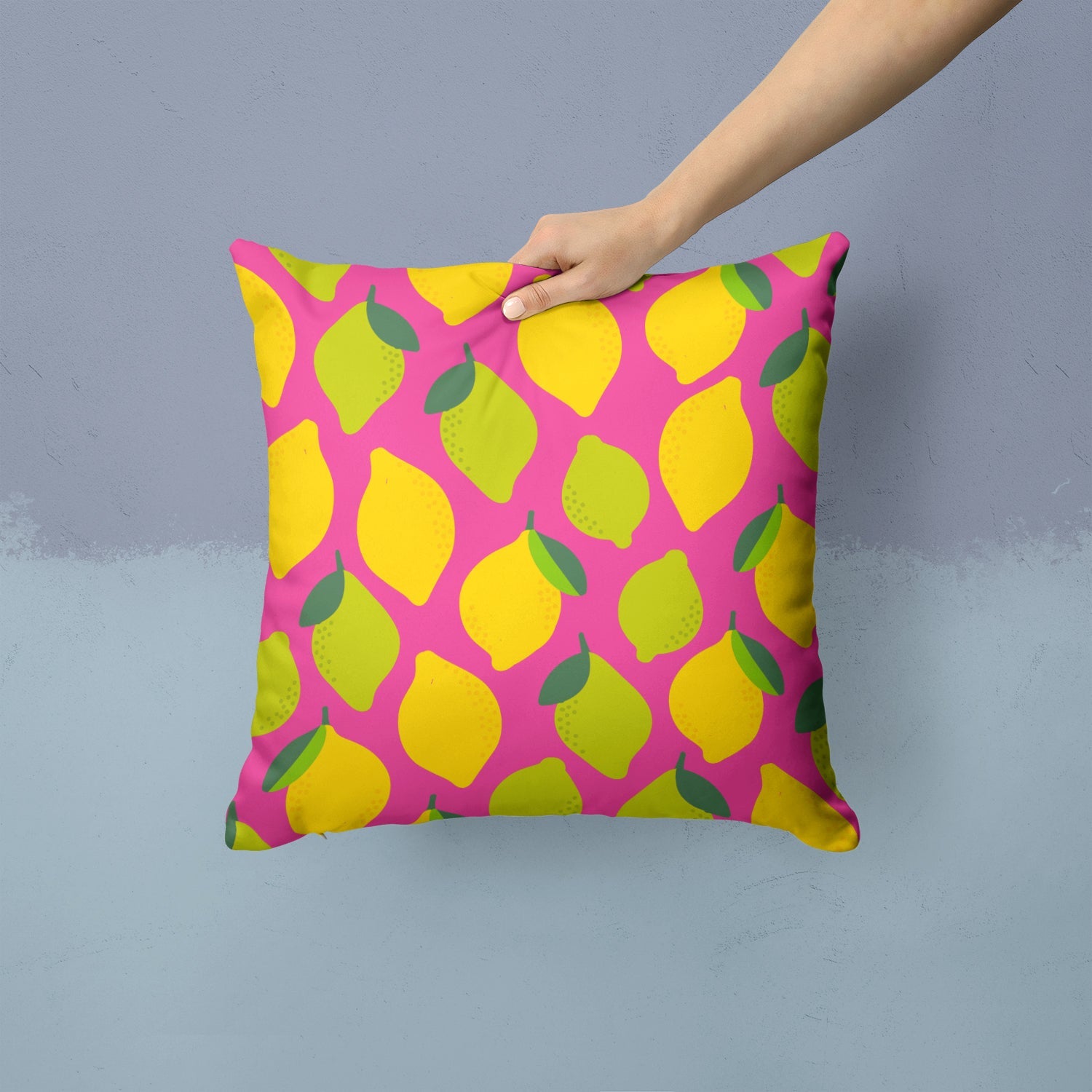 Lemons and Limes on Pink Decorative Throw Pillow 14x14 Indoor Outdoor Accent Cushion, Fabric Cover with Insert for Sofa, Bed, Porch & Living Room