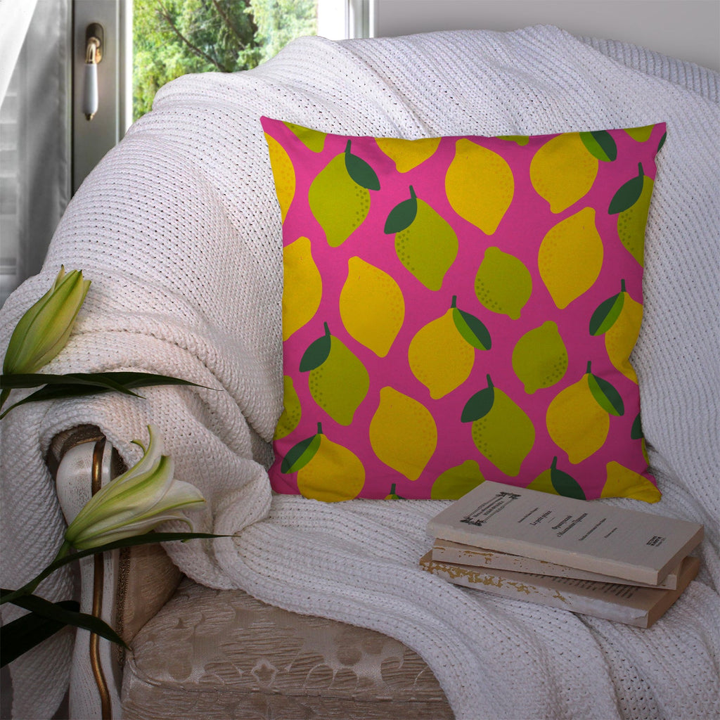 Lemons and Limes on Pink Decorative Throw Pillow 14x14 Indoor Outdoor Accent Cushion, Fabric Cover with Insert for Sofa, Bed, Porch & Living Room
