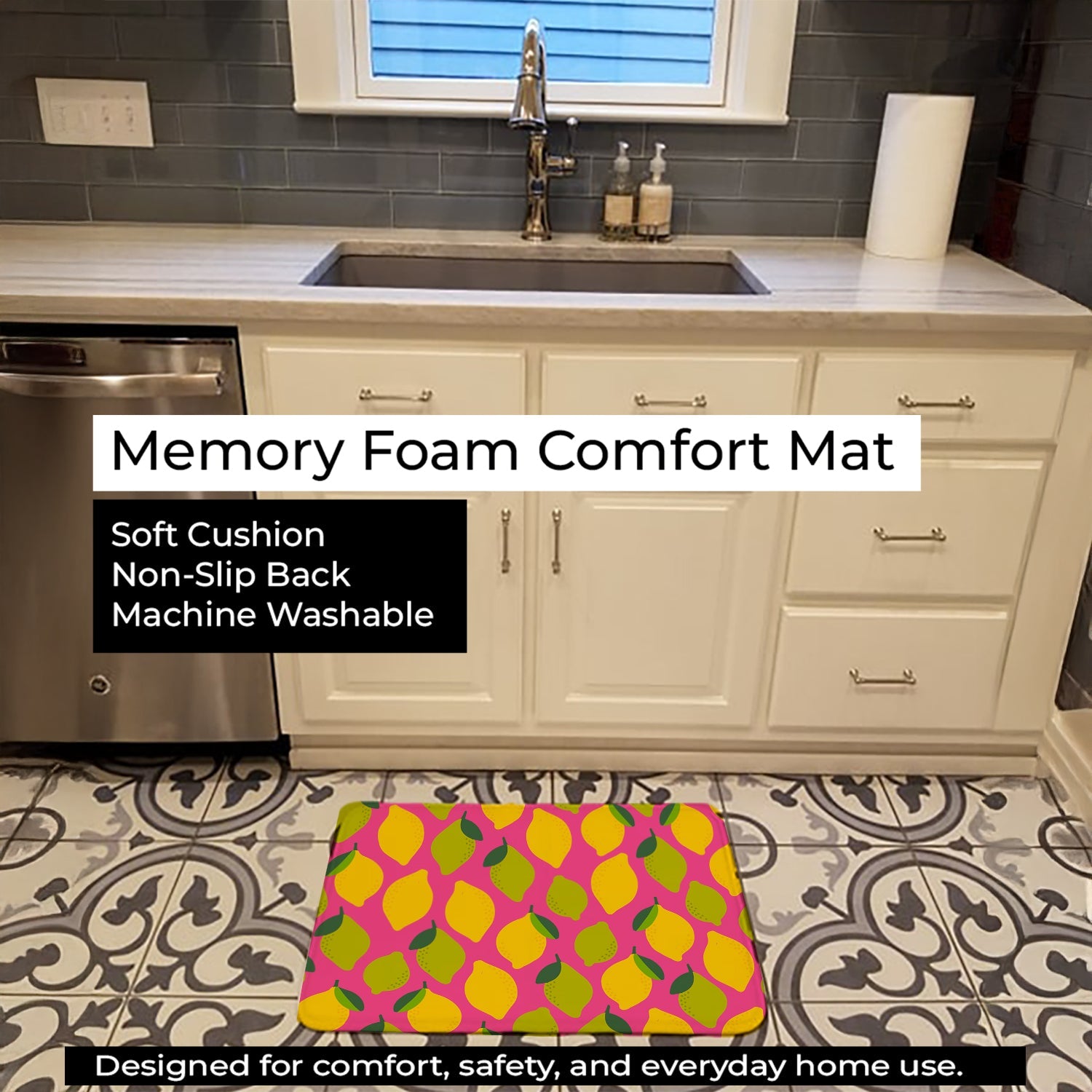Lemons and Limes on Pink Memory Foam Kitchen Mat Machine Washable Anti-Fatigue Cushion Comfort Bath or Kitchen Rug