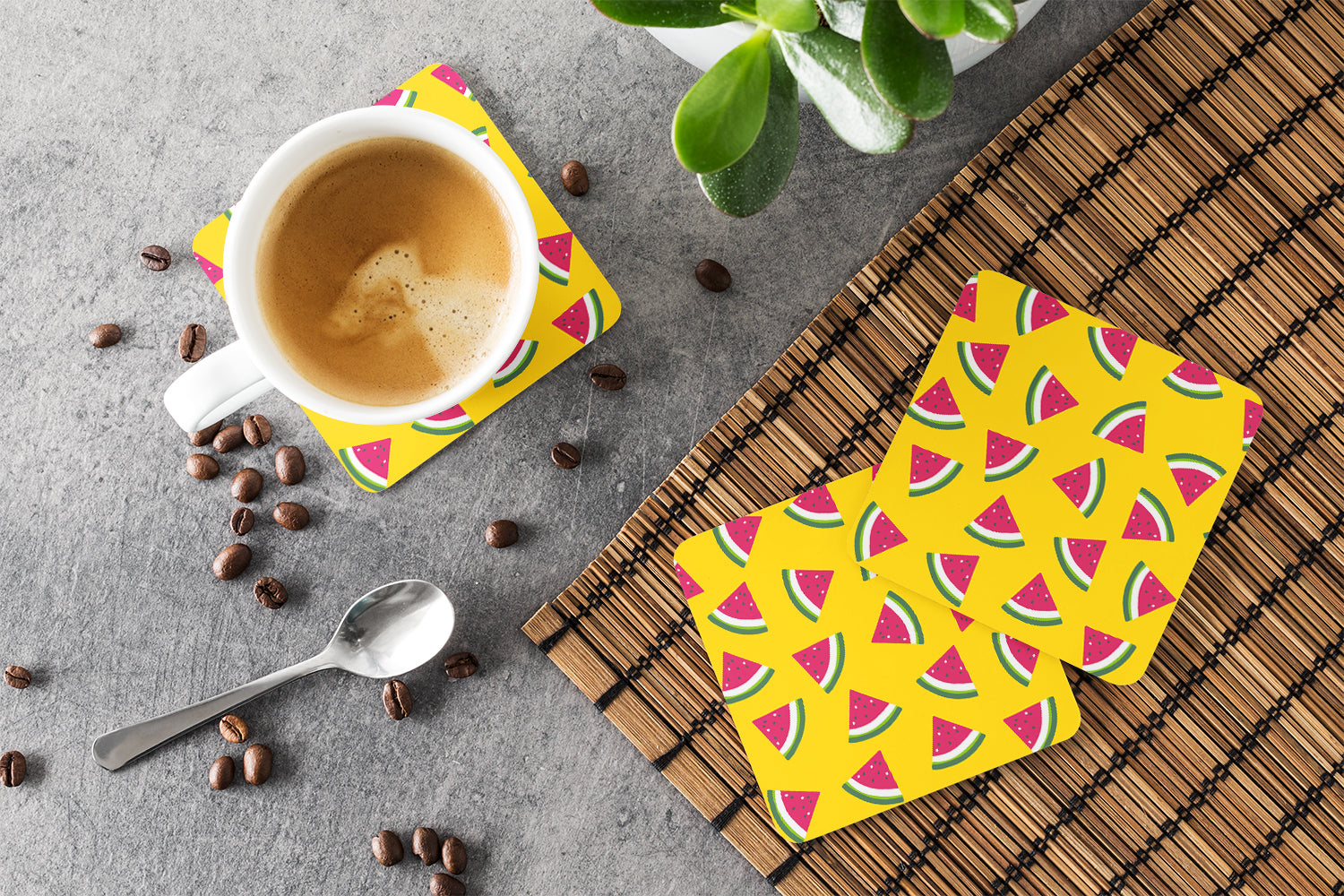 Watermelon on Yellow Foam Coasters Set of 4 Cup Coasters for Indoor Outdoor, Tabletop Protection, Anti Slip, Mouse pad Material