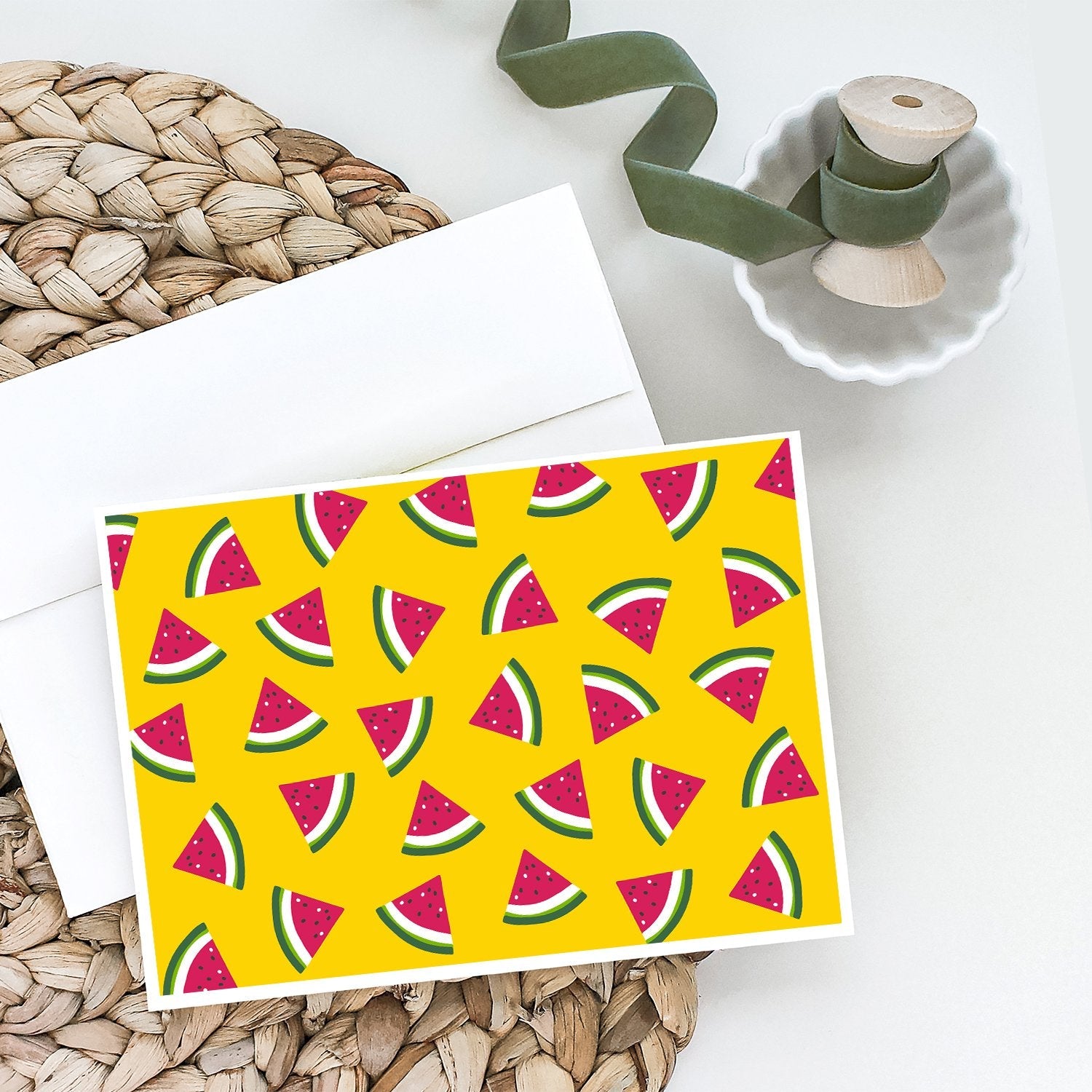 Watermelon on Yellow Greeting Cards Pack of 8 Blank Cards with Envelopes Whimsical A7 Size 5x7