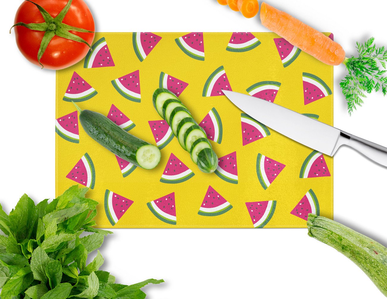 Watermelon on Yellow Cutting Board Tempered Glass Kitchen Cutting Surface, Heat Resistant Chopping, Non-Slip Feet, Food Prep & Serving