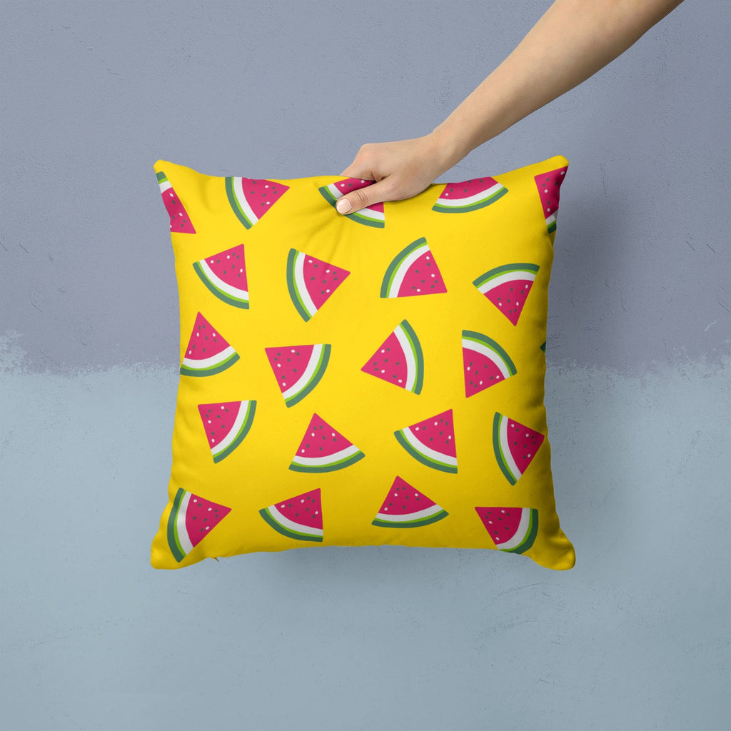 Watermelon on Yellow Decorative Throw Pillow 14x14 Indoor Outdoor Accent Cushion, Fabric Cover with Insert for Sofa, Bed, Porch & Living Room