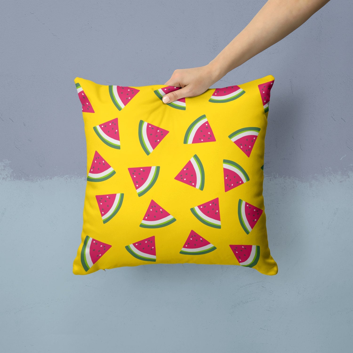 Watermelon on Yellow Decorative Throw Pillow 14x14 Indoor Outdoor Accent Cushion, Fabric Cover with Insert for Sofa, Bed, Porch & Living Room