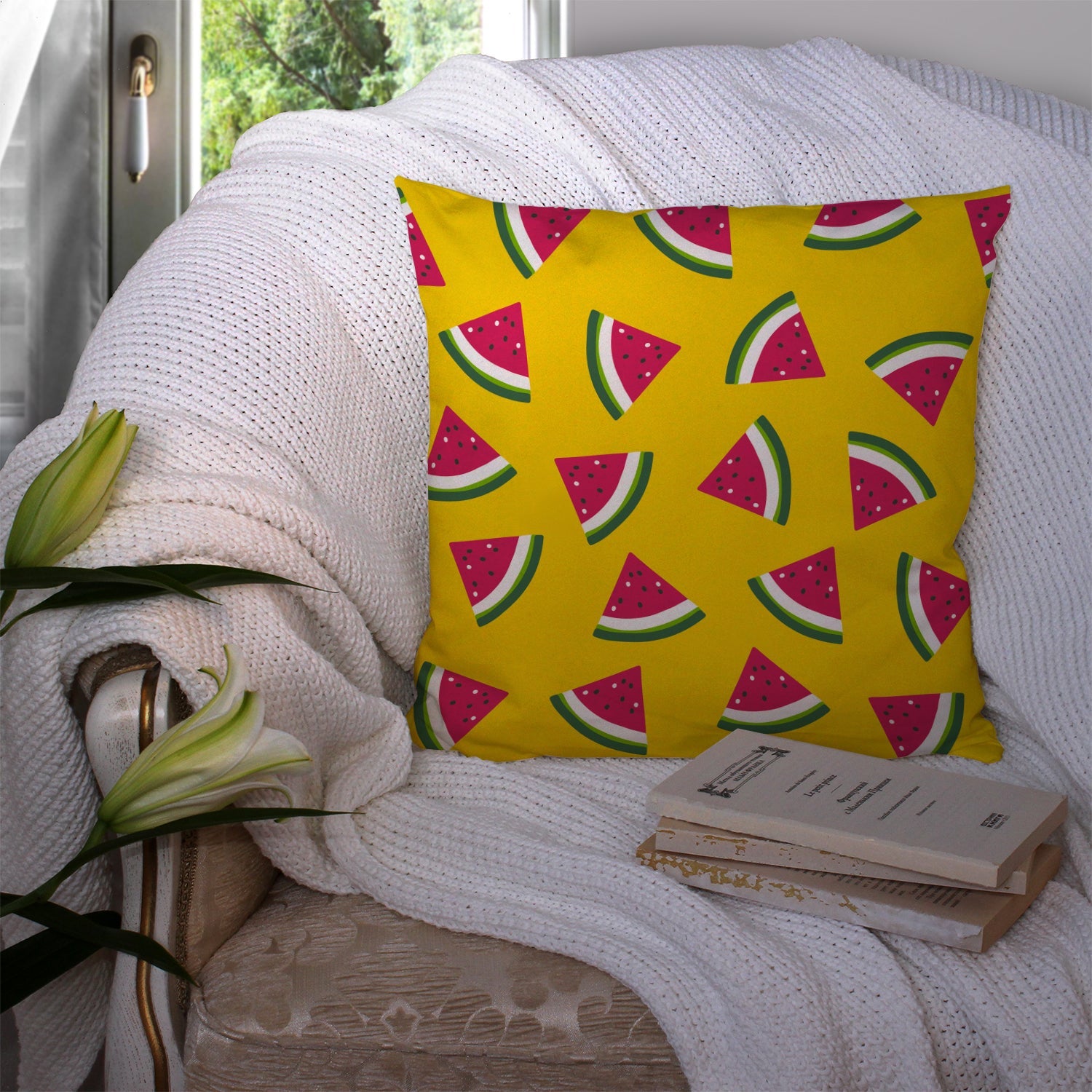Watermelon on Yellow Decorative Throw Pillow 14x14 Indoor Outdoor Accent Cushion, Fabric Cover with Insert for Sofa, Bed, Porch & Living Room