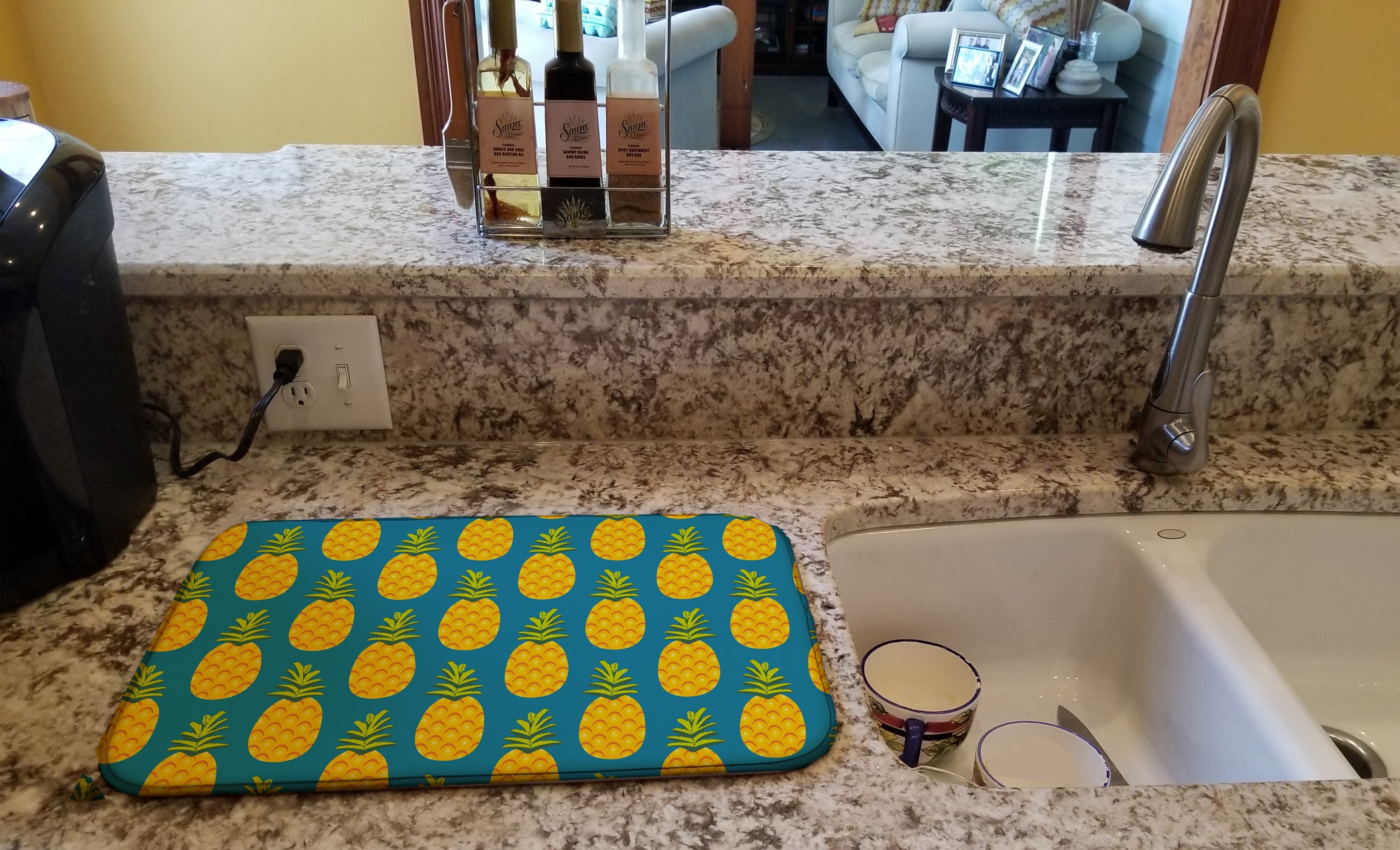 Pineapples on Teal Dish Drying Mat Absorbent Dish Drying Mat Pad for Kitchen Counter Dish Drainer Mat for Countertop, 14 x 21", Multicolor