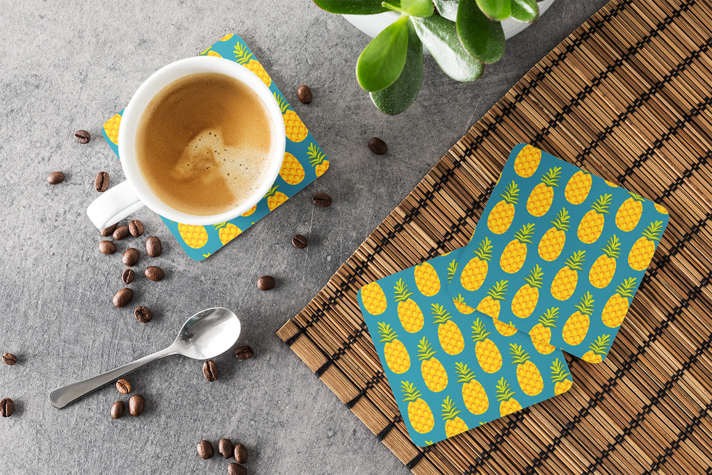 Pineapples on Teal Foam Coasters Set of 4 Cup Coasters for Indoor Outdoor, Tabletop Protection, Anti Slip, Mouse pad Material