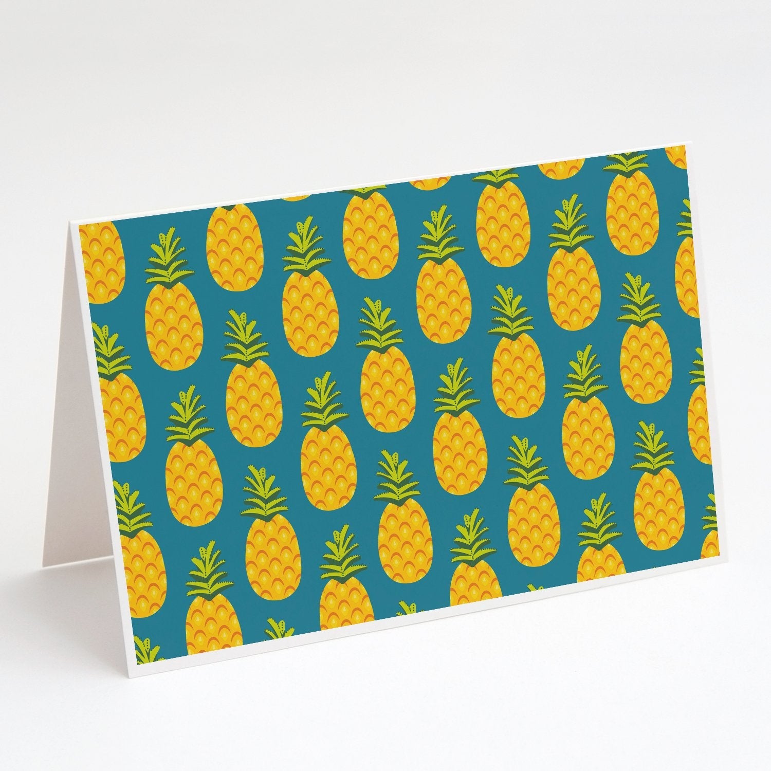 Pineapples on Teal Greeting Cards Pack of 8 Blank Cards with Envelopes Whimsical A7 Size 5x7