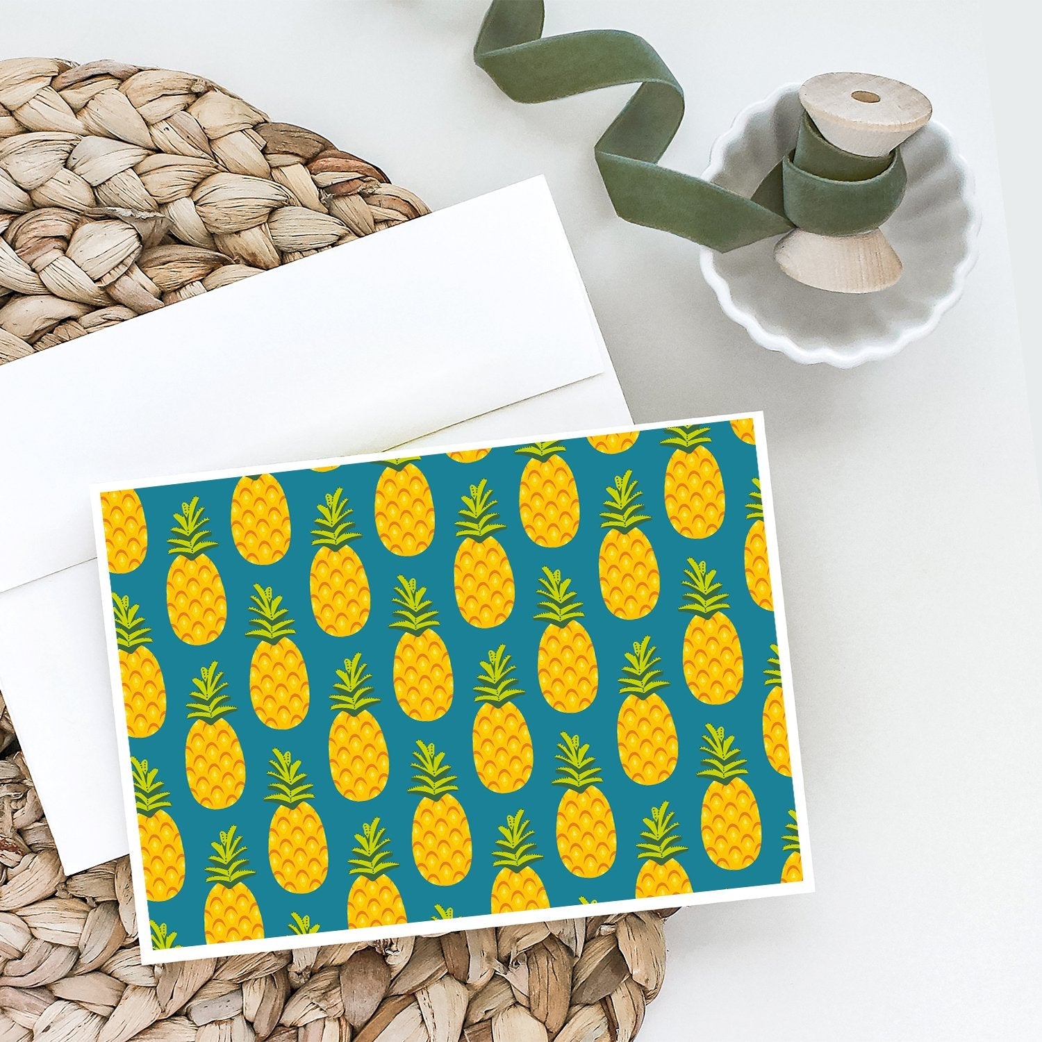 Pineapples on Teal Greeting Cards Pack of 8 Blank Cards with Envelopes Whimsical A7 Size 5x7