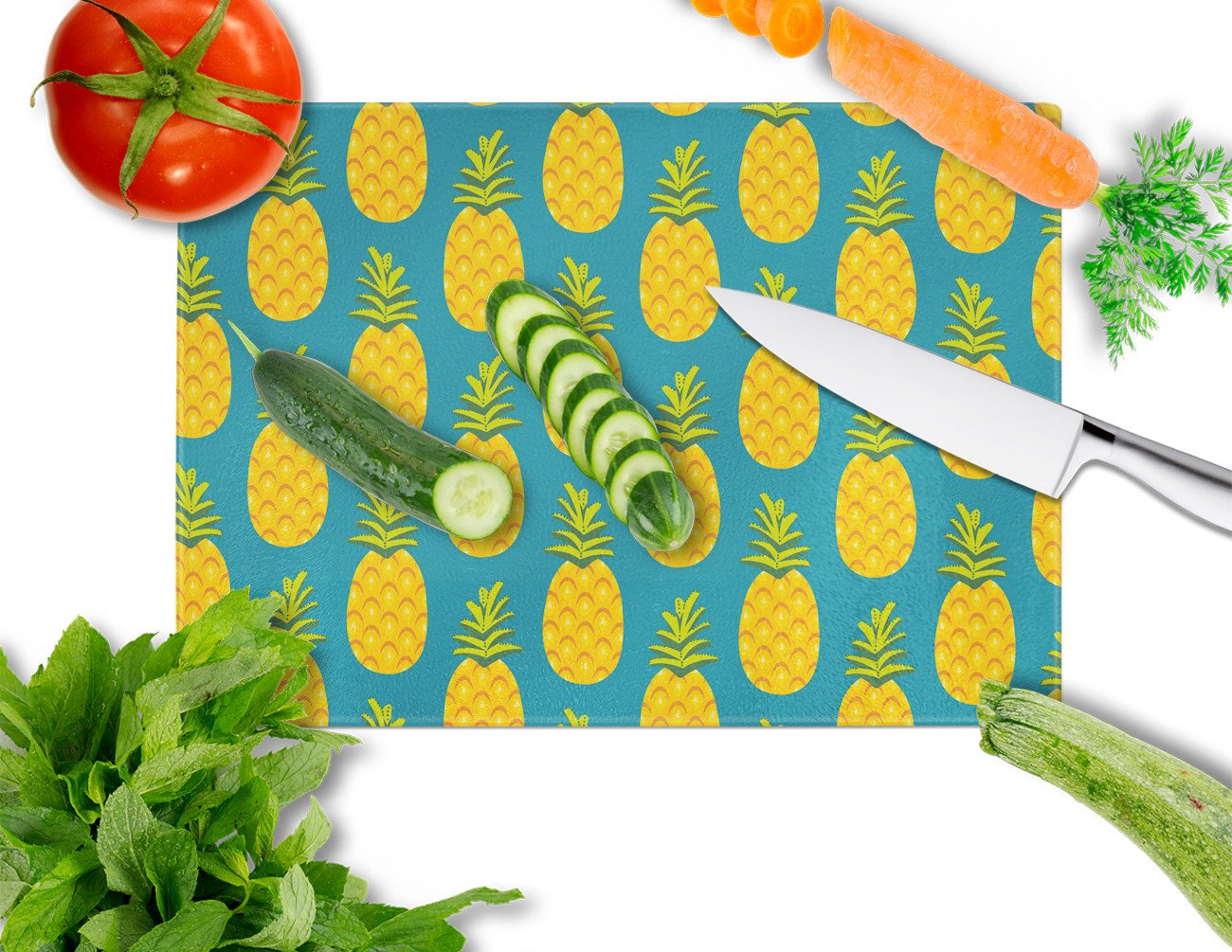Pineapples on Teal Cutting Board Tempered Glass Kitchen Cutting Surface, Heat Resistant Chopping, Non-Slip Feet, Food Prep & Serving