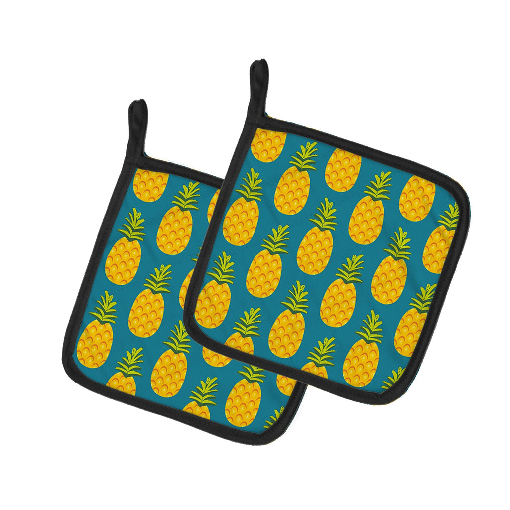 Pineapples on Teal Pot Holder Set of 2 Heat Resistant Quilted Hot Pads 7.5 x 7.5 Inch, Insulated Kitchen Trivets for Cooking & Baking