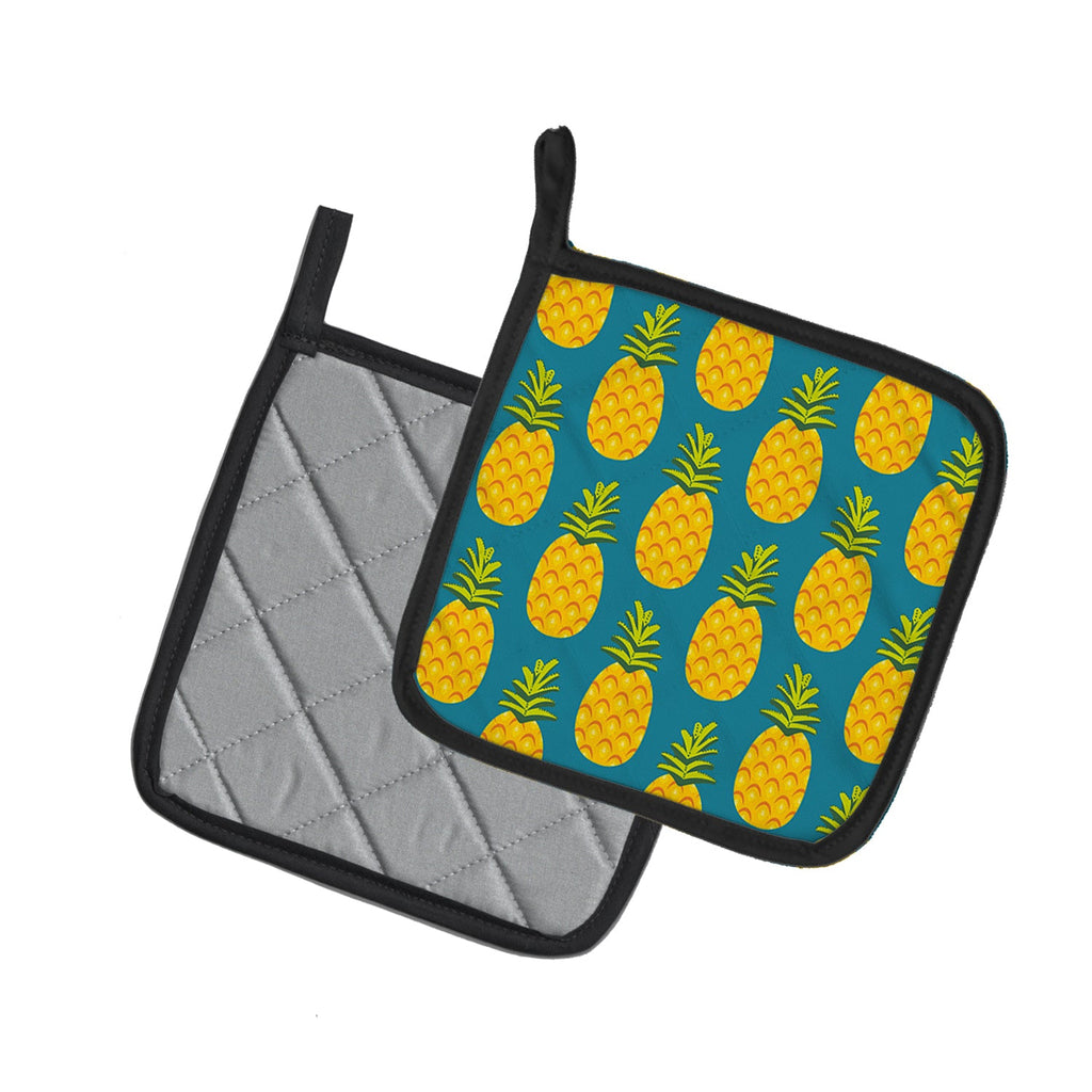 Pineapples on Teal Pot Holder Set of 2 Heat Resistant Quilted Hot Pads 7.5 x 7.5 Inch, Insulated Kitchen Trivets for Cooking & Baking